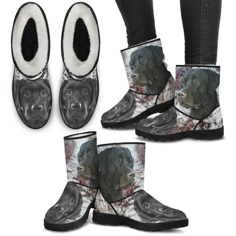 Cute Black Labrador Print Faux Fur Boots For Women- Free Shipping