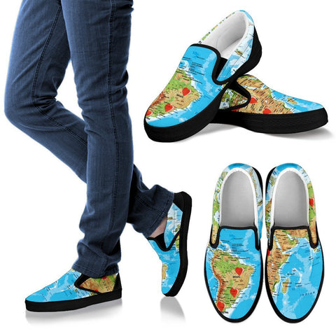 Valentine's Day Special World Map Print Slip Ons For Women- Free Shipping