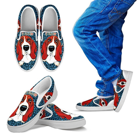 Lovely Basset Hound Print-Kid's Slip Ons-Free Shipping