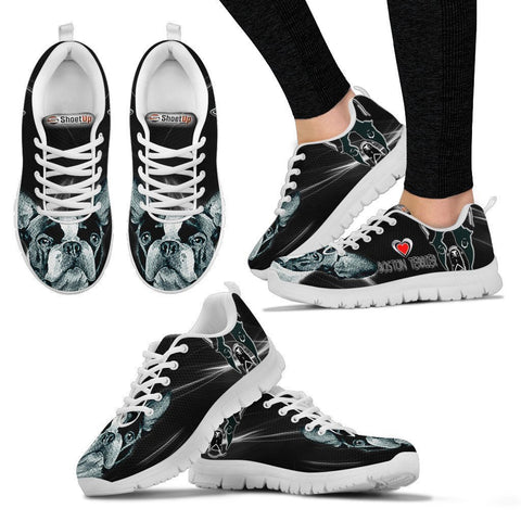 Boston Terrier Black Print Running Shoes For Women- Free Shipping