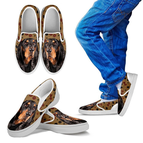 Black and Tan Coonhound Dog Print Slip Ons For Kids-Express Shipping