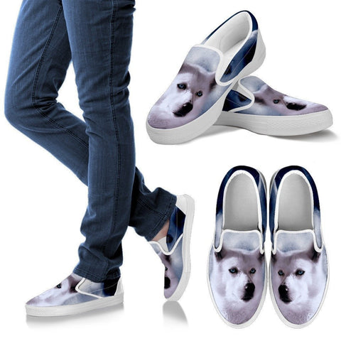 White Husky Print Slip Ons For Women- Express Shipping