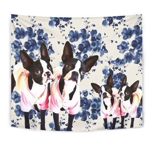 Boston Terrier On Floral Print Tapestry-Free Shipping