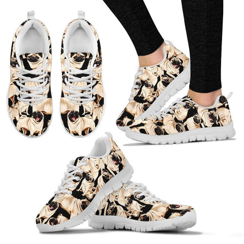 Pug Dog Pattern Print Running Shoes For Women (White)- Express Shipping