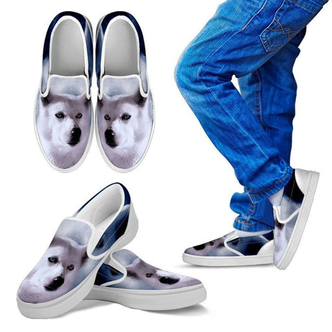 White Husky Print Slip Ons For Kids- Express Shipping