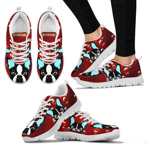 Boston Terrier On Red-Women's Running Shoes-Free Shipping