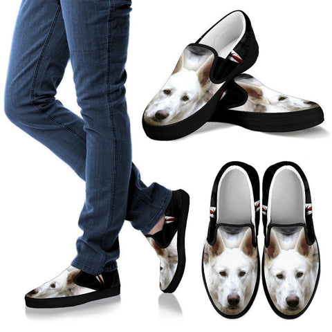 White Shepherd Print Slip Ons For Women (Black)- Express Shipping