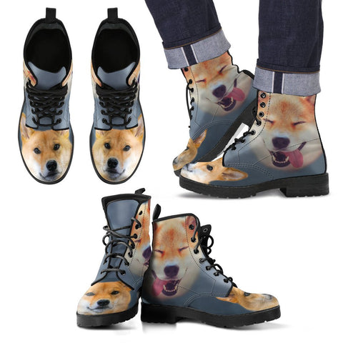 Cute Shiba Inu Print New Leather Boots For Men- Express Shipping