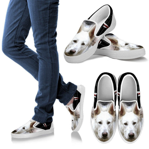 White Shepherd Print Slip Ons For Women- Express Shipping