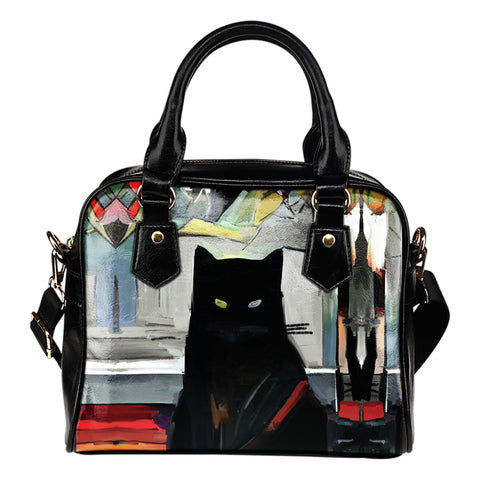 Art Cat Shoulder Handbag - Black