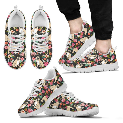 Pug Dog Floral Print Sneakers For Men- Free Shipping