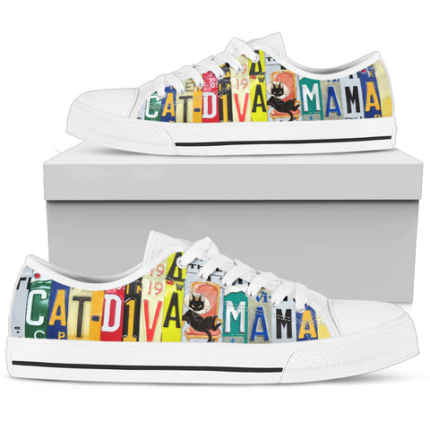 Cat Print Shoes "Cat Diva Mama" License Plate Low Top Shoes