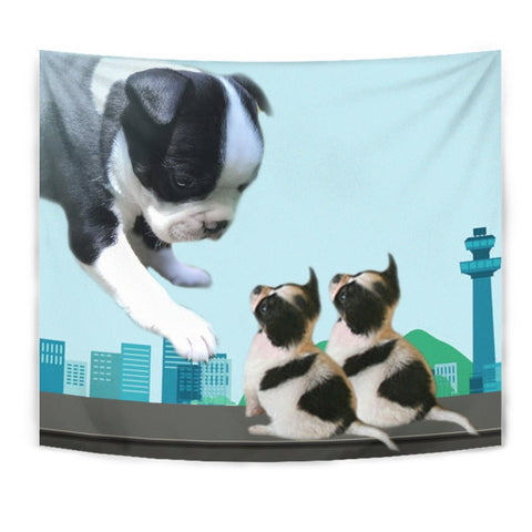 Boston Terrier With Puppies Print Tapestry-Free Shipping