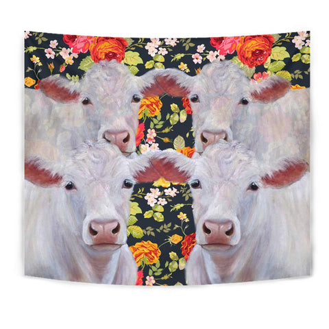 Charolais Cattle (Cow) Floral Print Tapestry-Free Shipping