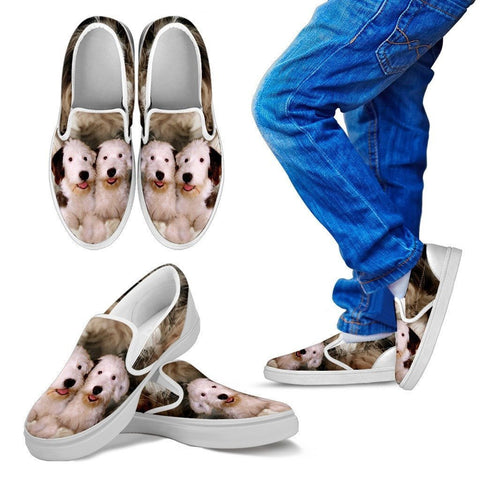 Old English Sheepdog Print Slip Ons For Kids- Express Shipping