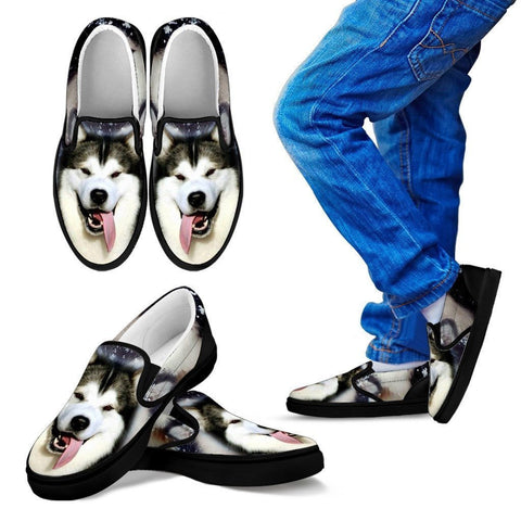 Alaskan Malamute Dog Print Slip Ons (Black) For Kids- Express Shipping