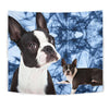 Boston Terrier On Blue Print Tapestry-Free Shipping