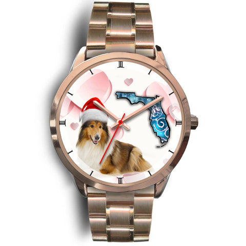 Rough Collie On Christmas Florida Golden Wrist Watch-Free Shipping