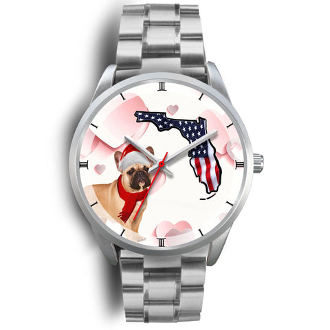 French Bulldog On Christmas Florida Silver Wrist Watch-Free Shipping