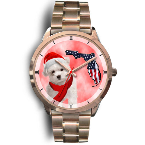 Cute Maltese On Christmas Florida Golden Wrist Watch-Free Shipping