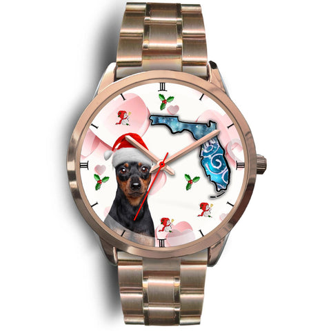 Miniature Pinscher On Christmas Florida Golden Wrist Watch-Free Shipping