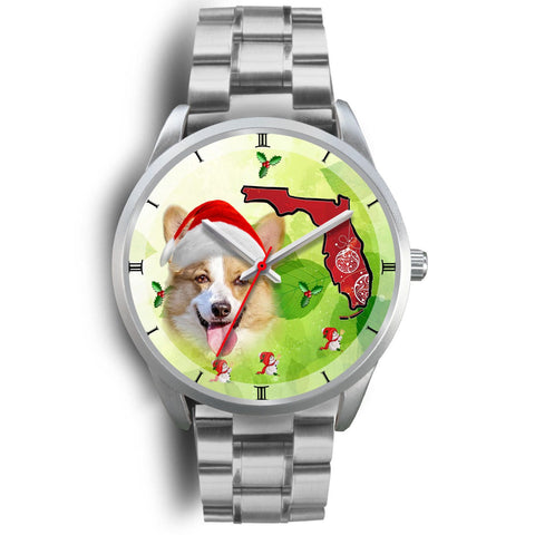 Pembroke Welsh Corgi On Christmas Florida Silver Wrist Watch-Free Shipping