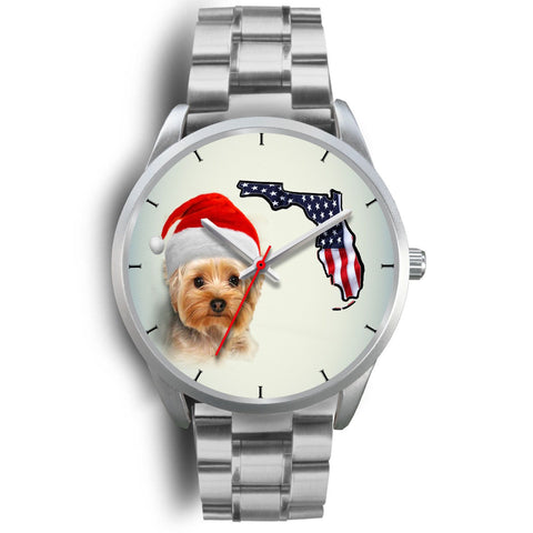 Cute Yorkie On Christmas Florida Silver Wrist Watch-Free Shipping