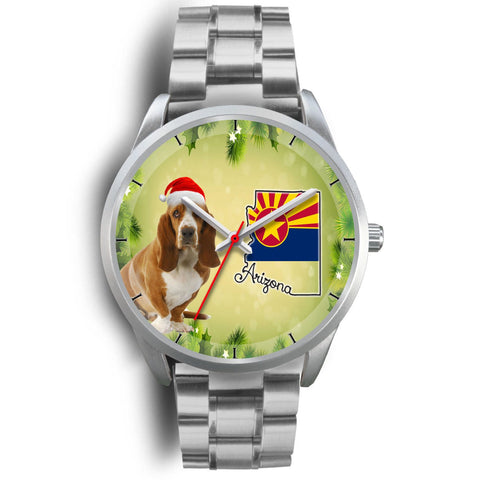 Cute Basset Hound On Christmas Arizona Silver Wrist Watch-Free Shipping