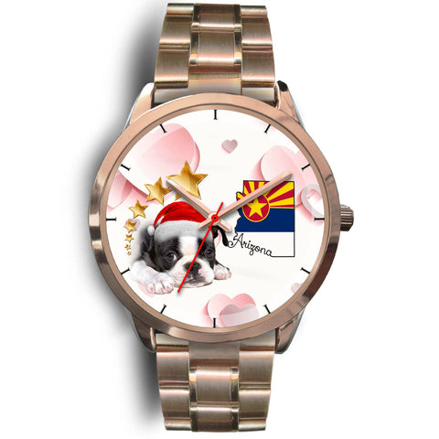 Boston Terrier On Christmas Arizona Golden Wrist Watch-Free Shipping