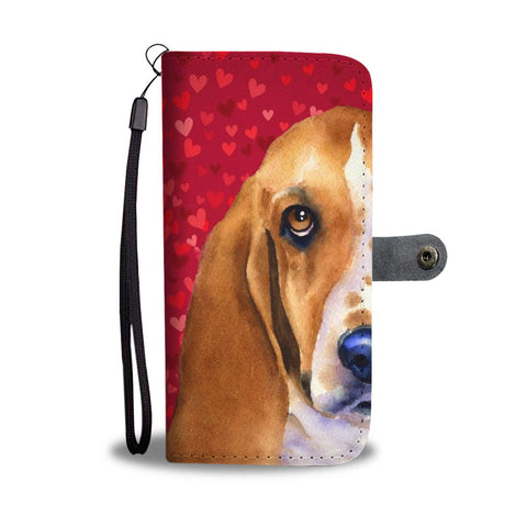 Basset Hound Dog On Red Hearts Print Wallet Case-Free Shipping