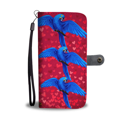 Hyacinth Macaw Parrot On Red Hearts Print Wallet Case-Free Shipping