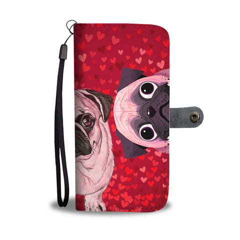 Pug Dog On Red Hearts Print Wallet Case-Free Shipping