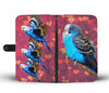 Blue Budgie On Hearts Print Wallet Case-Free Shipping