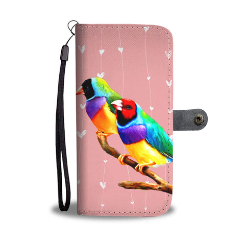 Gouldian Finch Bird On Hearts Print Wallet Case-Free Shipping