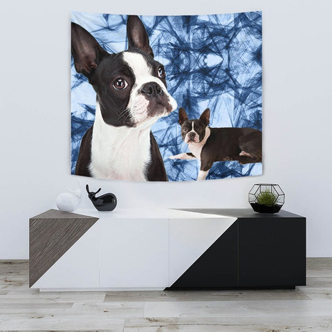 Boston Terrier On Blue Print Tapestry-Free Shipping