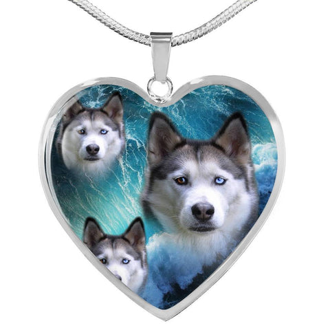 Siberian Husky Print Heart Charm Necklace-Free Shipping