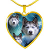 Siberian Husky Print Heart Charm Necklace-Free Shipping