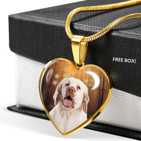 Clumber Spaniel Print Heart Pendant Luxury Necklace-Free Shipping