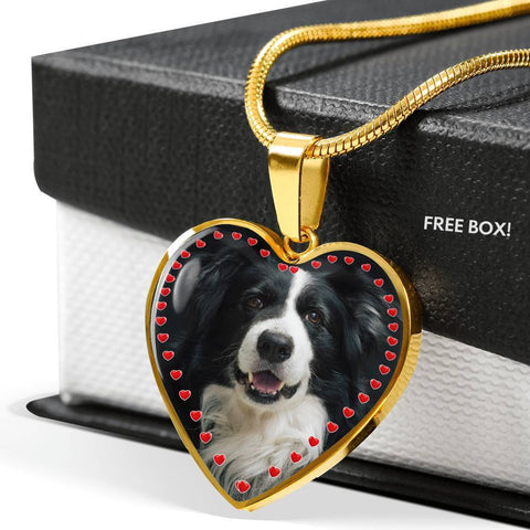 Border Collie Print Heart Charm Necklace-Free Shipping