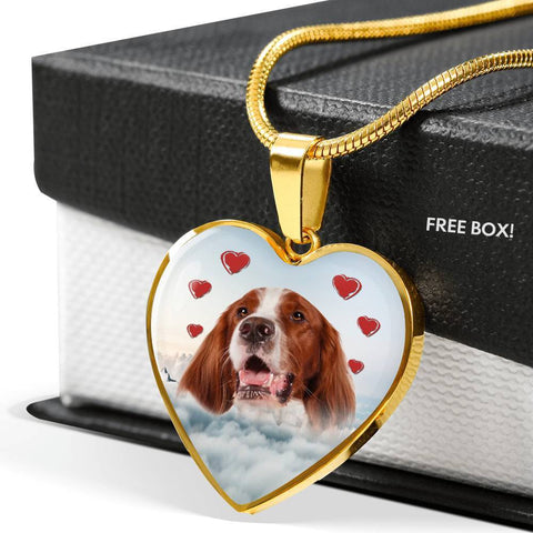 Irish Red and White Setter Print Heart Pendant Luxury Necklace-Free Shipping