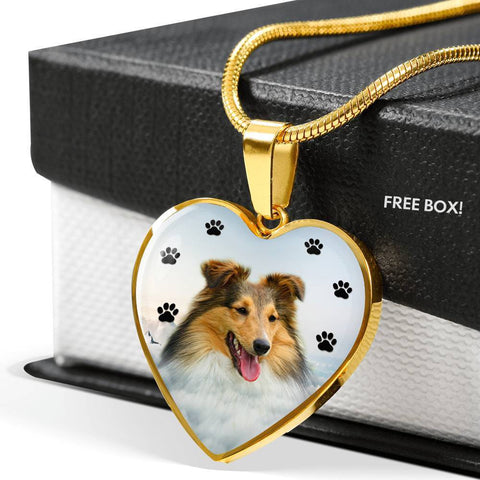 Shetland Sheepdog Print Heart Charm Necklace-Free Shipping