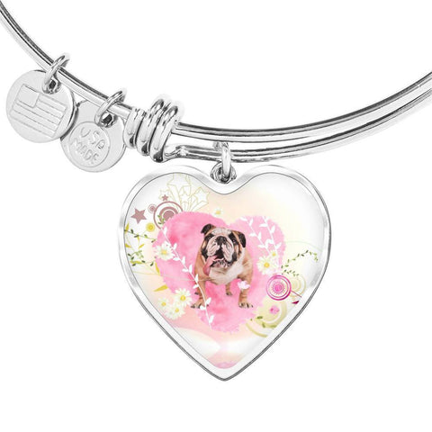 Bulldog Print Heart Charm Bangle-Free Shipping