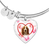 Basset Hound Print Heart Pendant Silver Bangle -Free Shipping