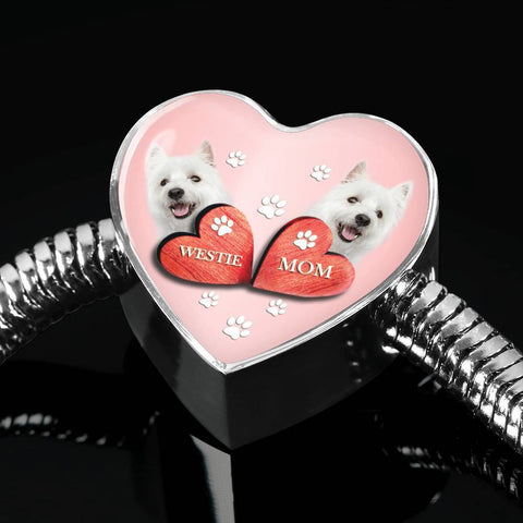 West Highland White Terrier (Westie) Print Heart Charm Steel Bracelet-Free Shipping