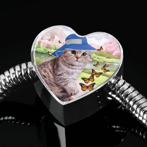 Scottish Fold Cat Print Heart Charm Steel Bracelet-Free Shipping