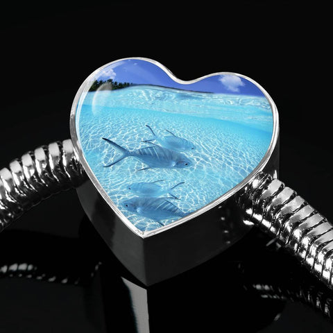 Fish Print Heart Charm Steel Bracelet-Free Shipping