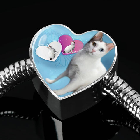 Japanese Bobtail Cat Print Heart Charm Steel Bracelet-Free Shipping