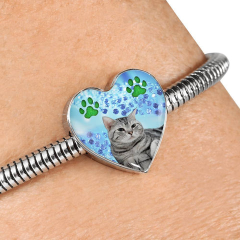 Cute American Shorthair Print Heart Charm Steel Bracelet-Free Shipping