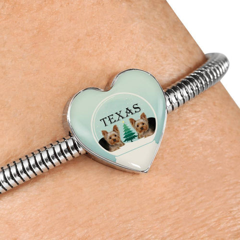 Yorkshire Terrier (Yorkie) Texas Print Heart Charm Steel Bracelet-Free Shipping