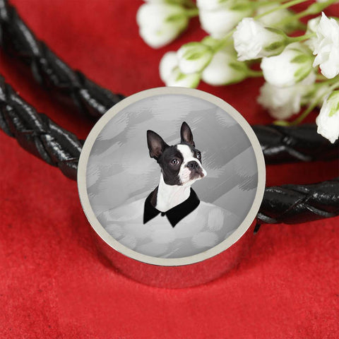 Boston Terrier Print Woven Leather Charm Bracelet-Free Shipping
